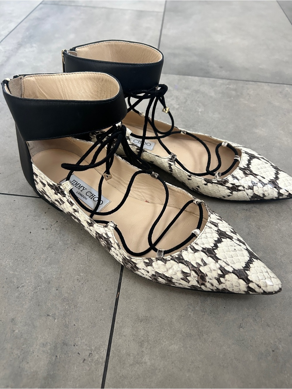 Jimmy Choo Glisten Python leather black cream point two lace up flats 39 or 9 US